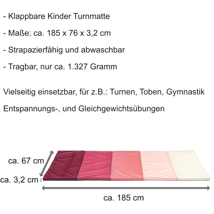 Складаний гімнастичний килимок приблизно 185 x 76 x 3,2 см Портативний і складний дитячий м'який килимок для підлоги, також ідеально підходить як гімнастичний килимок - килимок для фітнесу - килимок для йоги - ігровий килимок (рожевий)