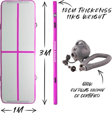 Міцний повітряний килимок з повітряним насосом та аксесуарами - Гімнастичний килимок надувний для гімнастики та йоги, легко транспортується гімнастичний килимок для дому, дітей та дорослих (рожевий), 3m -
