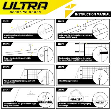 Волейбольна сітка Ultra Sporting Goods включає сітку 991 см, волейбольний м'яч PU 21,6 см, сумку для перенесення, обмежувальні лінії, сталеві прути та насос регулюється по висоті для чоловіків, жінок і спільних ігор