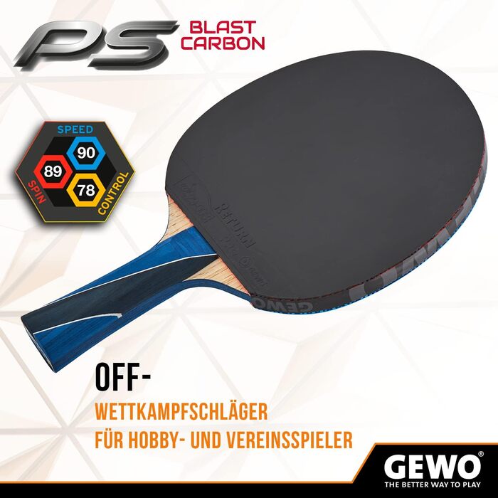 Ракетка для настільного тенісу GEWO PS Blast Carbon - схвалена ITTF професійна ракетка для настільного тенісу, карбонова ракетка зі швидкою основою GEWO Return Pro та високими обертальними властивостями, увігнута, губка 1,8 мм