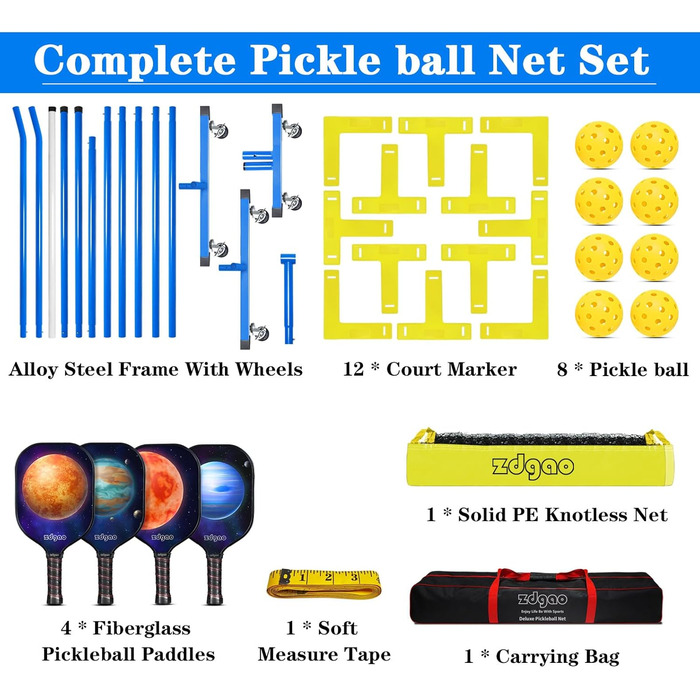 Набір піклболу Zdgao: сітка, маркер, 4 весла, м'ячі, сумка