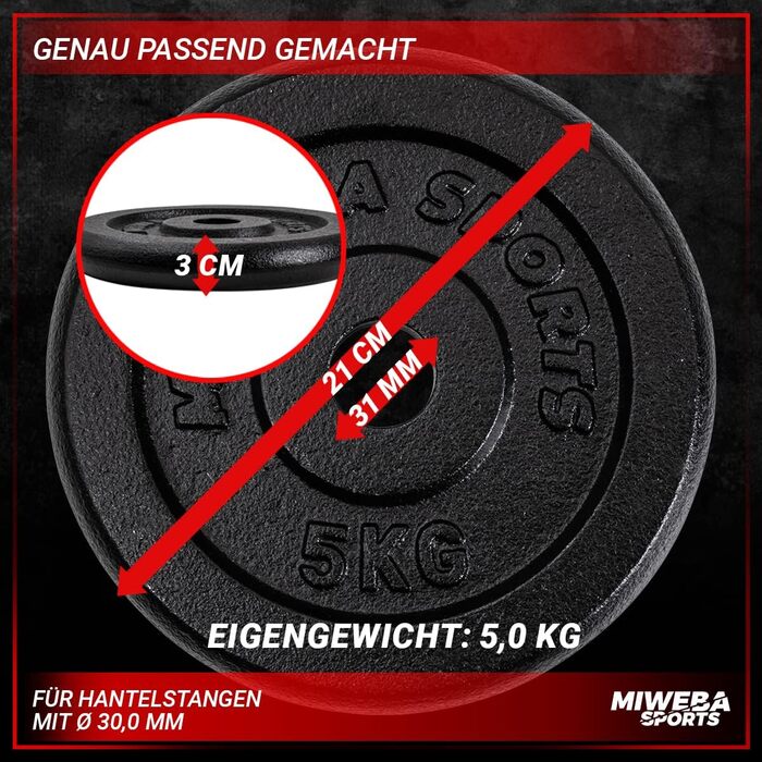 Набір спортивних вагових пластин Miweba HSG Професійні гантелі - 1,25-10,0 кг Вагова пластина - Пластини для гантелей - Чавунні ваги - Ø 30/31 мм - Набір гантелей - Вагові пластини - Вага гантелей - Пластини 2 шт. 5,0 кг
