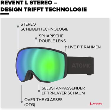 Гірськолижні окуляри ATOMIC REVENT L STEREO - Гірськолижні окуляри з антивідблиском - Високоякісні дзеркальні окуляри для сноуборду - Окуляри з оправою Live Fit - Лижні окуляри з подвійною лінзою Black