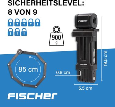 Велозамок складаний FISCHER 85852 з кріпленням і 2 ключами, чорний, 85 см