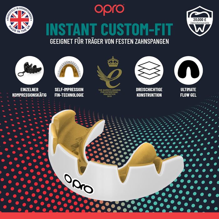 Капа OPRO Instant Custom-Fit Braces, виготовлена стоматологами, для максимального комфорту, захисту та прилягання. Капи для регбі, боксу, хокею, ММА, лакросу та єдиноборств білий/золотий