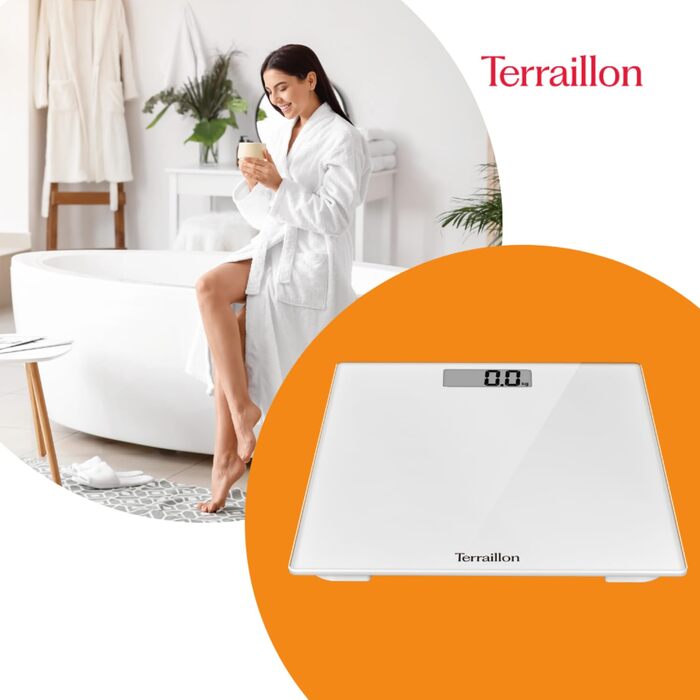 Ваги підлогові Terraillon TSQUARE, скляна платформа 26x26 см, ультратонкі, великий LCD-дисплей, вантажопідйомність 180 кг, точність 100 г, білі