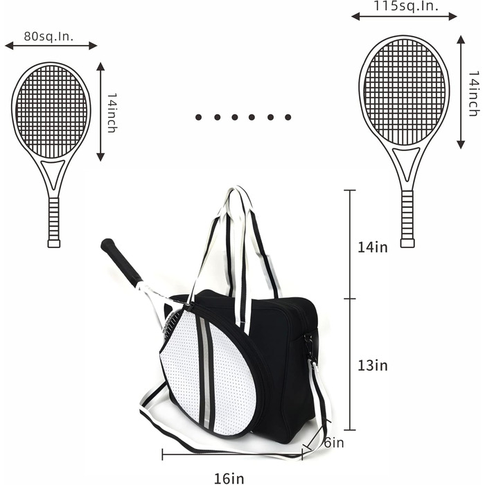 Тенісна сумка-тоут EINENG, Сумка через плече для тенісної ракетки, Велика сумка для піклболу на блискавці з плечовим ременем ракетки для бадмінтону, Жіноча та чоловіча спортивна сумка чорна/біла