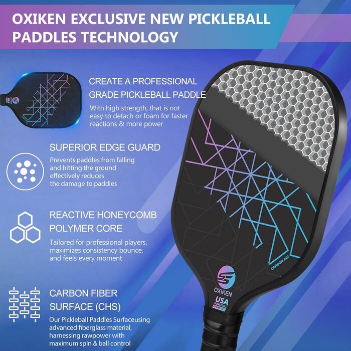 Набір ракеток для піклболу OXIKEN, 2 шт, карбонове волокно, поліпропіленовий стільниковий сердечник, антиковзка ручка, 2 м'ячі для вулиці, USAPA сертифікат