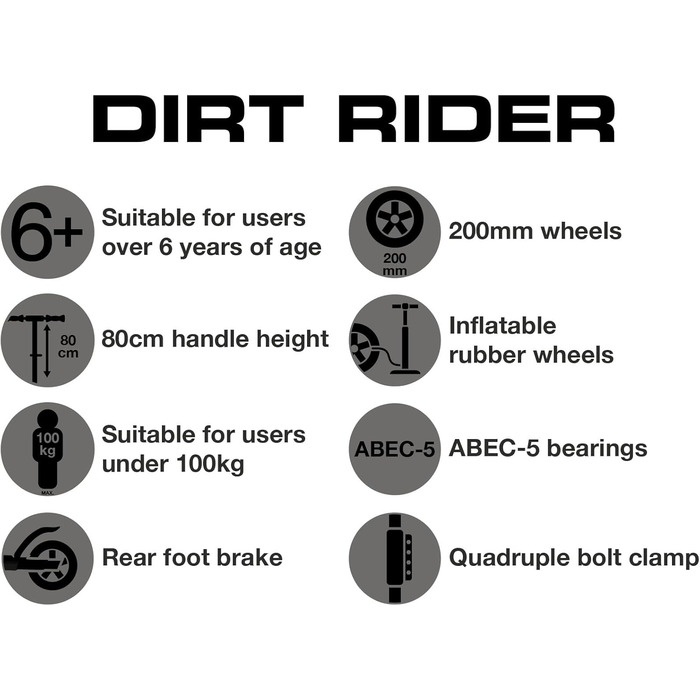 Скутер ATOM Dirt Rider Кремезний 2-колісний скутер Ідеально підходить для трюків по бездоріжжю та трюкових скутерів Трюковий скутер з брудною рампою Максимальна вага 100 кг Всі дорослі та підлітки віком 6 років