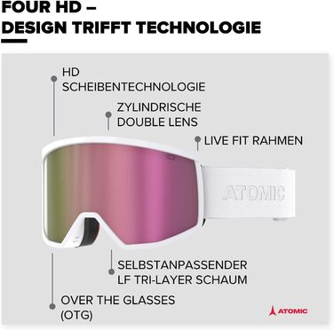 Гірськолижні окуляри Atomic FOUR HD - Гірськолижні окуляри контрастних кольорів - Високоякісні дзеркальні окуляри для сноуборду - Окуляри з каркасом Live Fit - Гірськолижні окуляри з великим полем зору Білий
