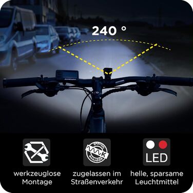 LED велосипедне світло Zündapp ZA.K.15, USB, переднє і заднє, акумуляторне, StVZO, чорне