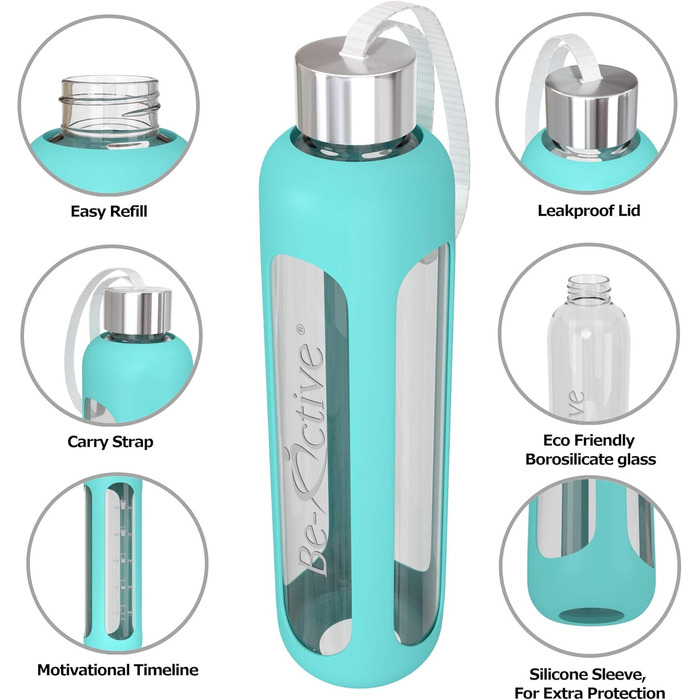 Be-Active скляна пляшка для води, боросилікатне скло, BPA-free, з силіконовим чохлом, 550 мл / 1000 мл