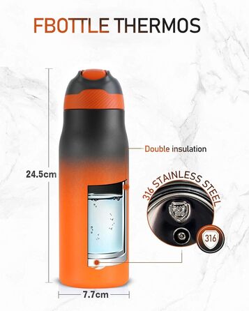 Термобутилка FEIJIAN FJbottle 710 мл з щіткою, нержавіюча сталь, чорна з помаранчевим