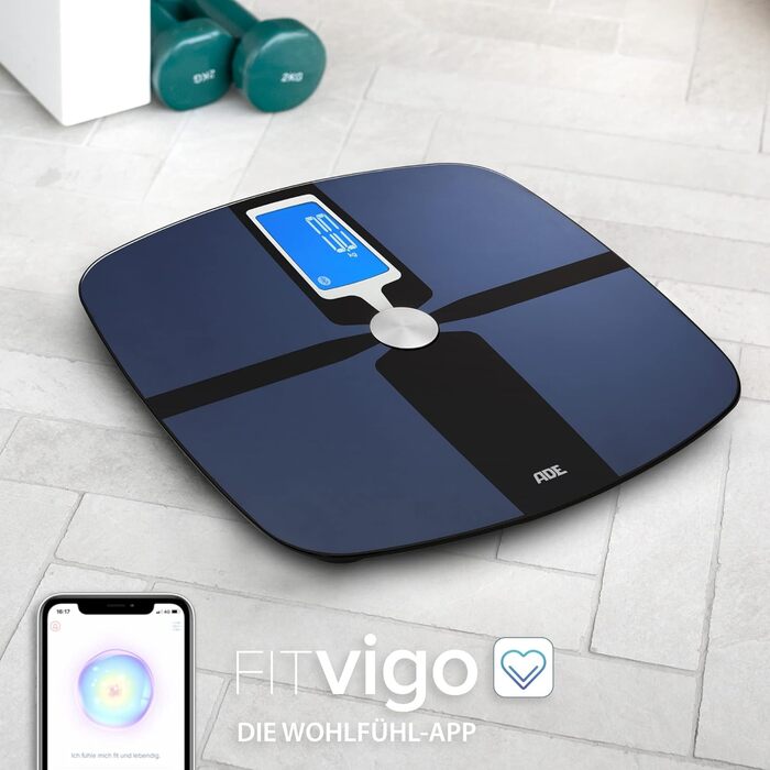 Розумні ваги для аналізу складу тіла ADE BA 1600 FITvigo, з Bluetooth та додатком, вимірювання ваги, жиру, води, м'язової маси, ІМТ, сині
