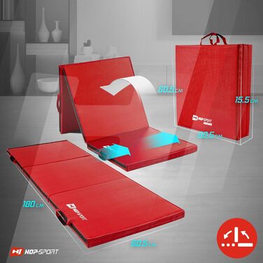 Килимок для гімнастики Hop-Sport Foldable - Підлоговий м'який килимок для дому 180x60x5см - Килимок для фітнесу, гімнастичний килимок з ручками для перенесення та товщиною Velcro 4см / 5см (червоний)