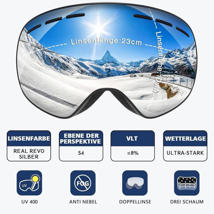 Гірськолижні окуляри GlaRid для чоловіків, жіночі, OTG Ski Goggles Безкаркасні окуляри для сноуборду для тих, хто носить окуляри, Снігові насадки для дорослих Захист проти запотівання 100 UV400 (срібло)