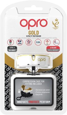 Маска для обличчя OPRO Gold Level, капа спортивна для дорослих і дітей, з чудовим комфортом для боксу, лакросу, ММА, бойових мистецтв, хокею та всіх контактних видів спорту (білий/золотий, дорослі (10))