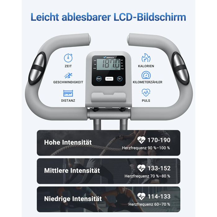 Велотренажер MERACH 4-в-1 складний, велотренажер з РК-монітором і вимірюванням пульсу рукою, велотренажер з магнітним ергометром зі зручною подушкою сидіння, фітнес-велосипеди для дому, компактні (срібло)