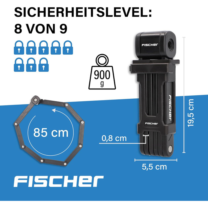 Велозамок складаний FISCHER 85852 з кріпленням і 2 ключами, чорний, 85 см
