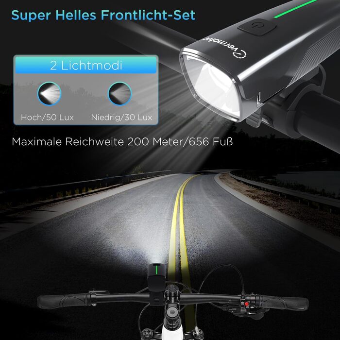 Набір велосипедних LED-ламп evermotor, передня фара StVZO, USB-C заряджання, довга автономність, світло для дітей і дорослих, аксесуари для гірського велосипеда