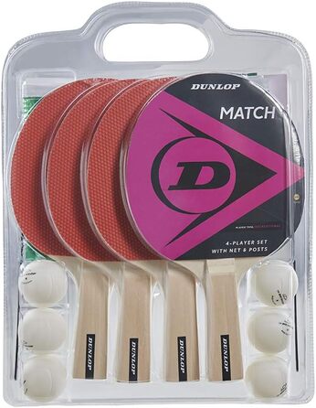 Набір для настільного тенісу Dunlop Match на 4 гравці, включаючи чотири ракетки, шість м'ячів і сітку