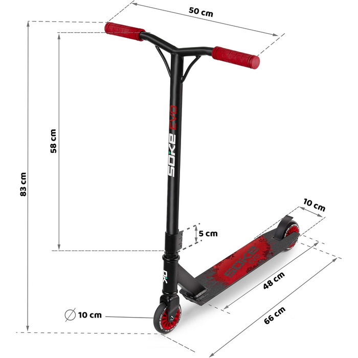 Трюковий самокат SOKE Evo для екстремальних поїздок у скейтпарку ABEC-9 хромовані сталеві вуглецеві підшипники PU колеса 88A Y-подібне кермо з ручками TPR алюмінієва дека червона