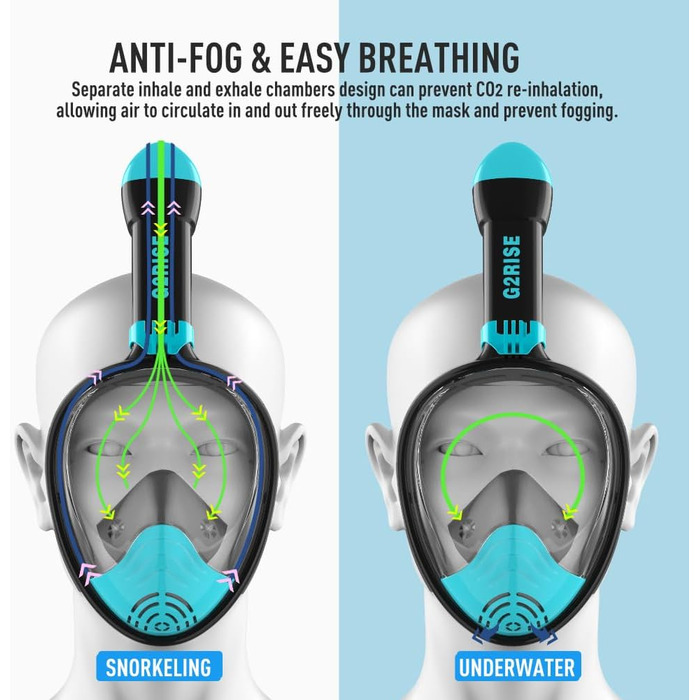 Маска для підводного плавання, маска для дайвінгу, складна маска для повного обличчя з CO2-безпечним підводним плаванням і положенням камери для дітей і дорослих (L-XL, чорно-зелений), 2RISE
