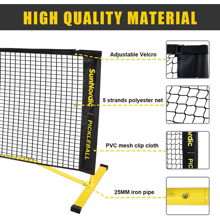 Портативний набір сіток для піклболу SunNordic, сімейні вправи, поліефірна сітка Pickleball з атмосферостійким металевим каркасом і сумкою для перенесення, погодна сітчаста система Pickleball, зовнішня та внутрішня сітка для піклболу 4 м жовтийчорний (оди