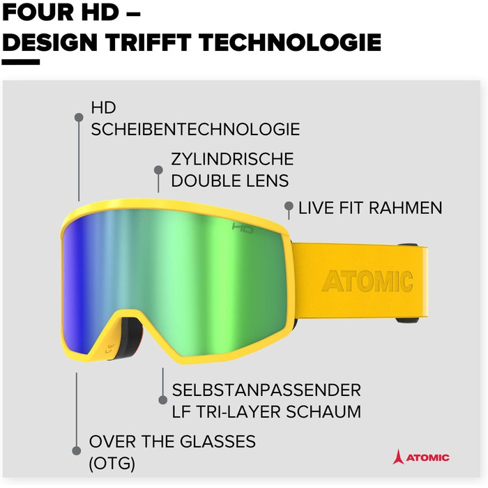 Гірськолижні окуляри Atomic FOUR HD - Гірськолижні окуляри з висококонтрастними кольорами - Високоякісні дзеркальні окуляри для сноуборду - Окуляри з каркасом Live Fit - Гірськолижні окуляри з великим полем зору (Saffron)