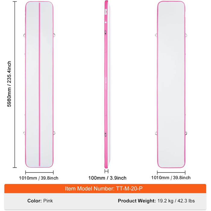 Надувний гімнастичний килимок VEVOR Gym Mat 3/4/5/6 M, надувний килимок з електронасосом, килимки для домашнього використання/тренажерного залу/йоги/черлідингу (рожевий, 598 x 101 x 10 см)
