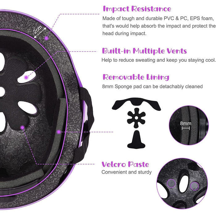 Наколінники Дитячий 7 в 1 комплект з шоломом скейтера, вбудовані протектори для дітей Регульований дитячий захисний набір спорядження (8-12 років) для скейтборду Роликові ковзани Скутер Sport РожевийФіолетовий