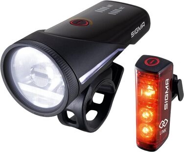 Комплект велофар SIGMA Aura 100/Blaze Link з силіконовим кріпленням, LED передня фара 100 Люкс, заднє світло з функцією стоп-сигналу, автоматичне регулювання яскравості