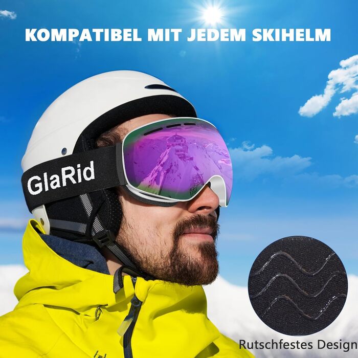 Гірськолижні окуляри GlaRid чоловічі жіночі, OTG Ski Goggles Безкаркасні окуляри для сноуборду для тих, хто носить окуляри, Снігові насадки для дорослих Захист від запотівання 100 UV400 (рожевий)