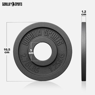 Вагові пластини GORILLA SPORTS Olympia - 1,25 кг, 2,5 кг, 5 кг, 10 кг, 15 кг, 20 кг, 25 кг, 30 кг, діаметр отвору 50 мм, чавун, одиночний/комплект - вагові пластини, набір вагових пластин, гантелі (1,25 кг)