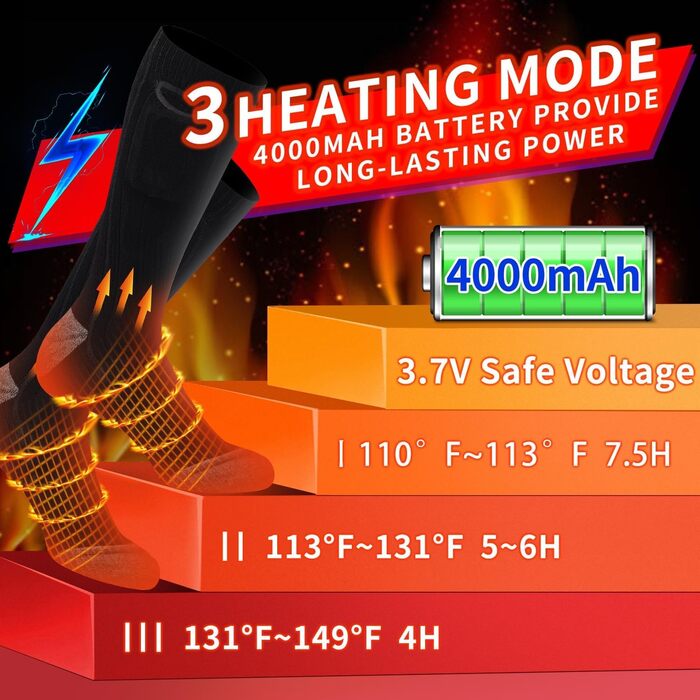 Шкарпетки CaiQiXuan з підігрівом, акумулятор 4000 мАг для активного відпочинку