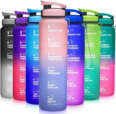 Бутилка для води ZORRI 900 мл, BPA-free, з часовою та вимірювальною шкалою, герметична, легка, спортивна, для школи, фітнесу, зелена/фіолетова
