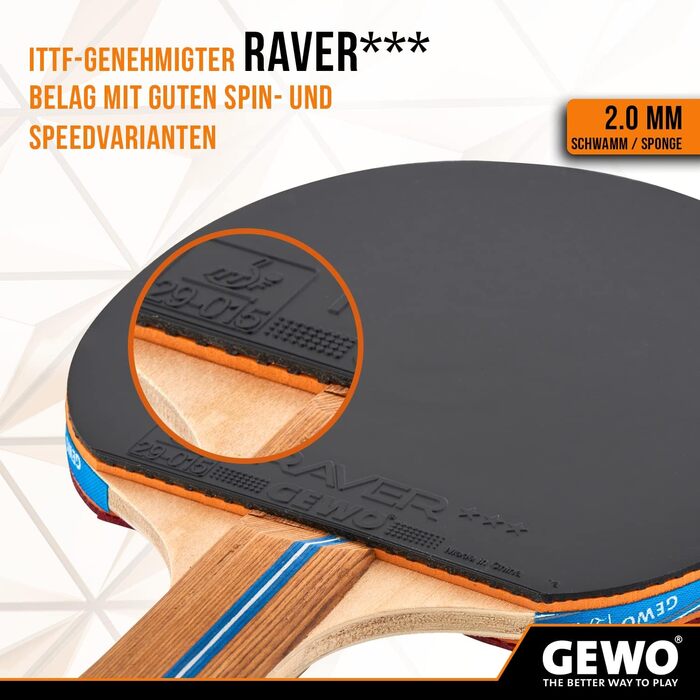 Ракетка для настільного тенісу GEWO Rave Speed - керована ракетка для настільного тенісу для початківців - повна ракетка з гумою Raver, високий контроль і швидкість, увігнута, губка товщиною 2.0 мм