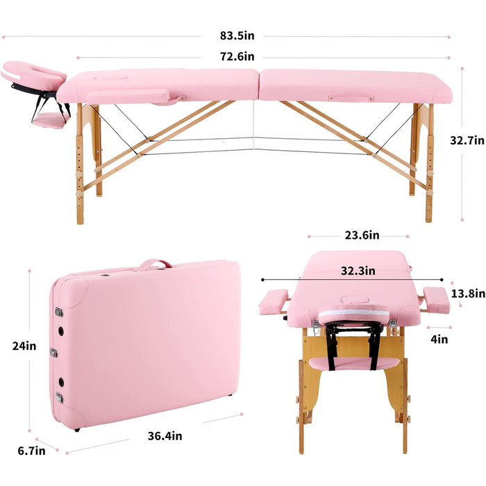 Масажний стіл Panana 2 зони Мобільний масажний стіл Складне розтяжне масажне ліжко Дерев'яна масажна лавка з регульованим по висоті підголівником і підлокітниками та сумкою 213 82 x 81 см (світло-рожевий)