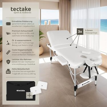 Складаний масажний стіл tectake 3 зони, алюмінієвий, регульований по висоті, білий, з підголівником, підлокітниками, сумкою та аксесуарами