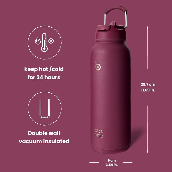 Спортивна пляшка bottlebottle 1л, нержавіюча сталь, ізольована, з трубочкою та контейнером для таблеток, червона