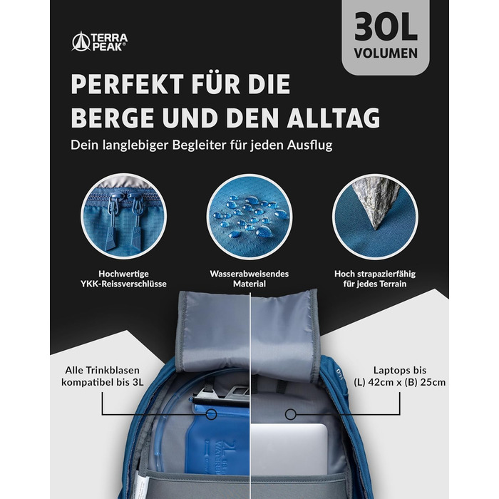 Рюкзак Terra Peak 30L Flex, вентиляція спини, накидка, синій