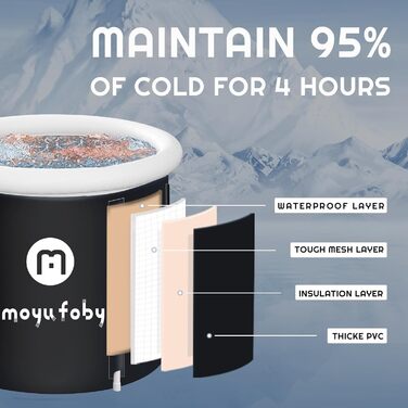 Портативна надувна ванна з льодом для спортсменів, холодна ванна, відкрита, для дорослого занурення, для гарячої ванни, крижана ванна, ємністю 200 літрів, велика ванна, складна ванна, чорна, 80 x 31,5*29,5 дюймів Чорний