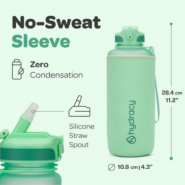 Пляшка для води Hydracy з трубочкою та часовими мітками, 2 л, BPA-free, герметична, спортивна, без конденсату, для спорту та активного відпочинку, колір аква-зелений