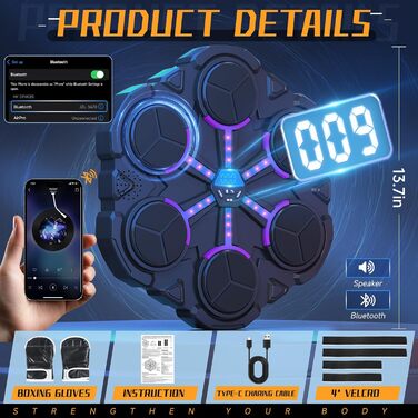 Дитяча музична бокс-машина OYWHBC з Bluetooth, настінна, 3 швидкості, 6 цілей, з рукавичками – розумний тренажер для боксу