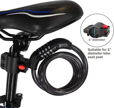 Велосипедний кодовий кабельний замок Lumintrail LK2609, самоскручуваний, сталевий трос 12 мм, з кріпленням, унісекс
