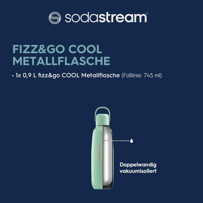 Металева пляшка SodaStream Fizz&go COOL 0,9 л, м'ятна, сумісна з Duo, E-Duo, Terra, для газованої води, тримає температуру до 12 годин, можна мити в посудомийці, BPA Free