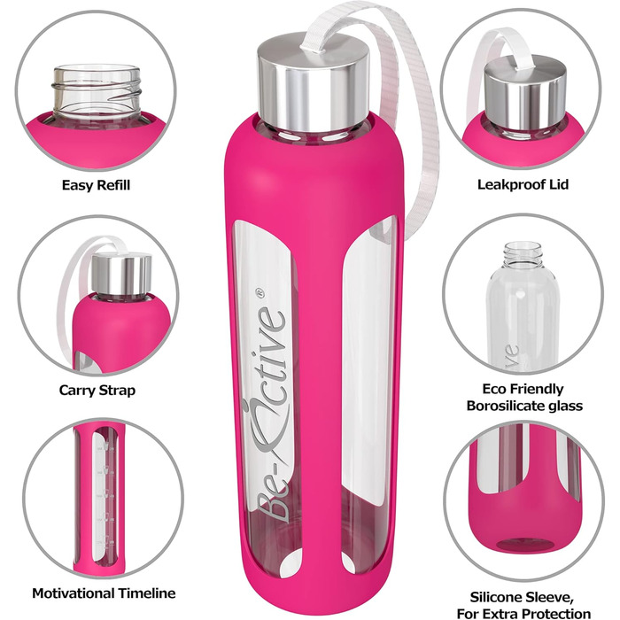 Скляна пляшка для води Be-Active 1000 мл з боросилікатного скла, BPA Free, з силіконовим чохлом, гаряче рожевий колір
