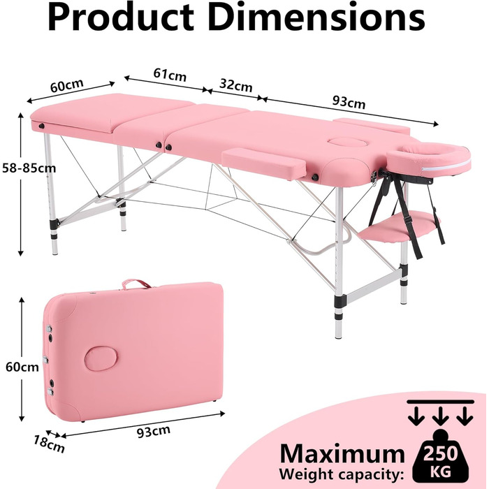 Масажний стіл YOUNIKE Складний 3-зонний масажний стіл шириною 60 см Регульований по висоті терапевтичний стіл Косметичний столик з алюмінієвими ніжками та сумкою для перенесення Тату-стіл, рожевий