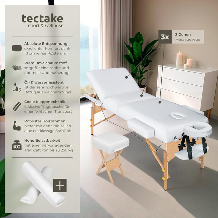 Складаний масажний стіл tectake, регульований по висоті, білий, для масажу, тату та косметології, з товстою м’якою оббивкою, 2 валики, стілець, сумка, алюмінієва підголівник