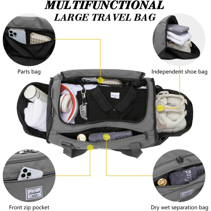 Спортивна сумка Laripwit Чоловіки, Дорожня сумка 40 л Рюкзак Тренувальна сумка з відділенням для взуття та вологим відділенням, Водонепроникна спортивна сумка для фітнесу Сумка вихідного дня Рюкзак Жінки, армія (сірий)